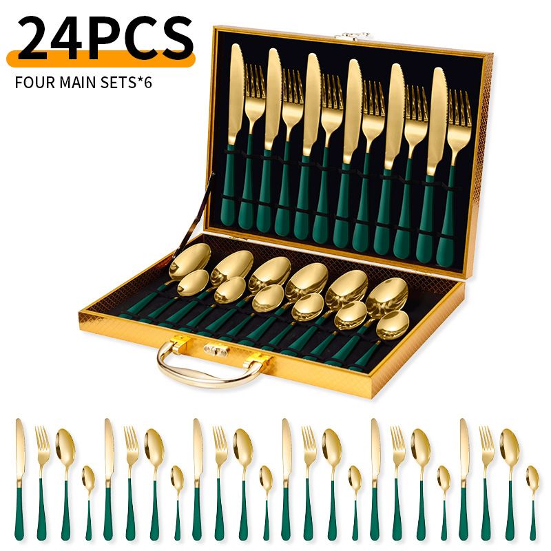 Set di posate premium in acciaio inossidabile da 24 pezzi - Coltelli da bistecca, forchette e cucchiai per cene raffinate_voghion.com