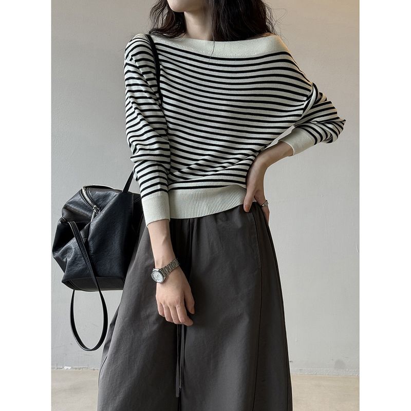 Yanshuang Koreaanse stijl gestreepte elegante off-shoulder gebreide trui voor vrouwen herfst high-end losse afslankende basis shirt_voghion.com