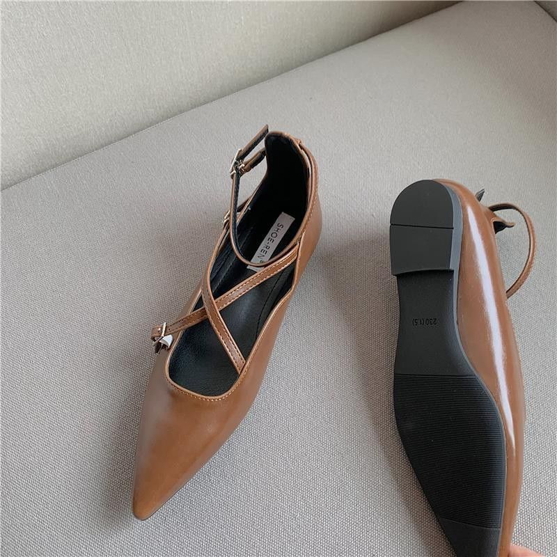 2024 nieuwe kleine dikke kruispuntige lage hak ondiepe mond gespband enkele schoen lente Franse damesschoenen_voghion.com