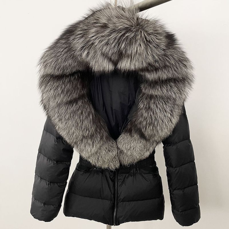 Nuovo stile caldo del commercio estero, giacca corta da donna con collo in vera pelliccia di volpe, giacca in piumino con vita sottile e spessa_voghion.com