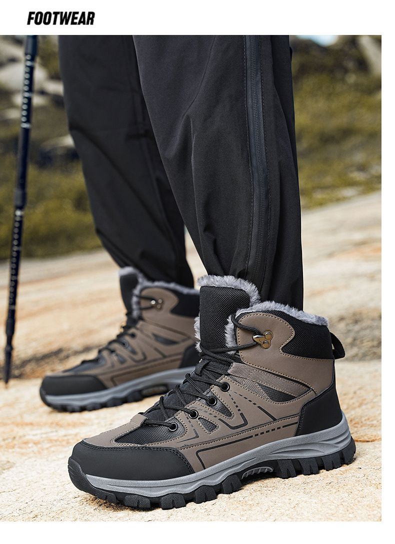 Large size winter men's outdoor leather hiking shoes with plush insulation large cotton snow boots_voghion.com