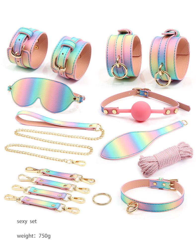 Color BDSM Rainbow Bondage Kit Restraints Set Handcuff Blindfold Mouth Ball Gag Hogtie Bondage Rope Erotic_voghion.com
