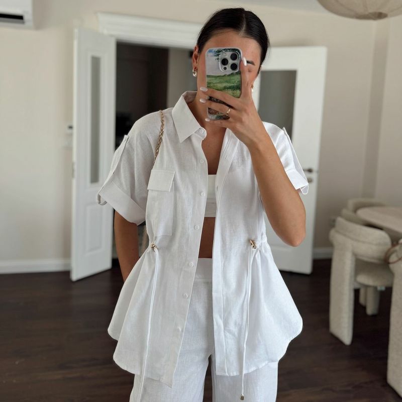 Women's Clothing Casual Workwear Pocket Drawstring Short Sleeved Shirt Trousers Summer Two Piece Suit_voghion.com