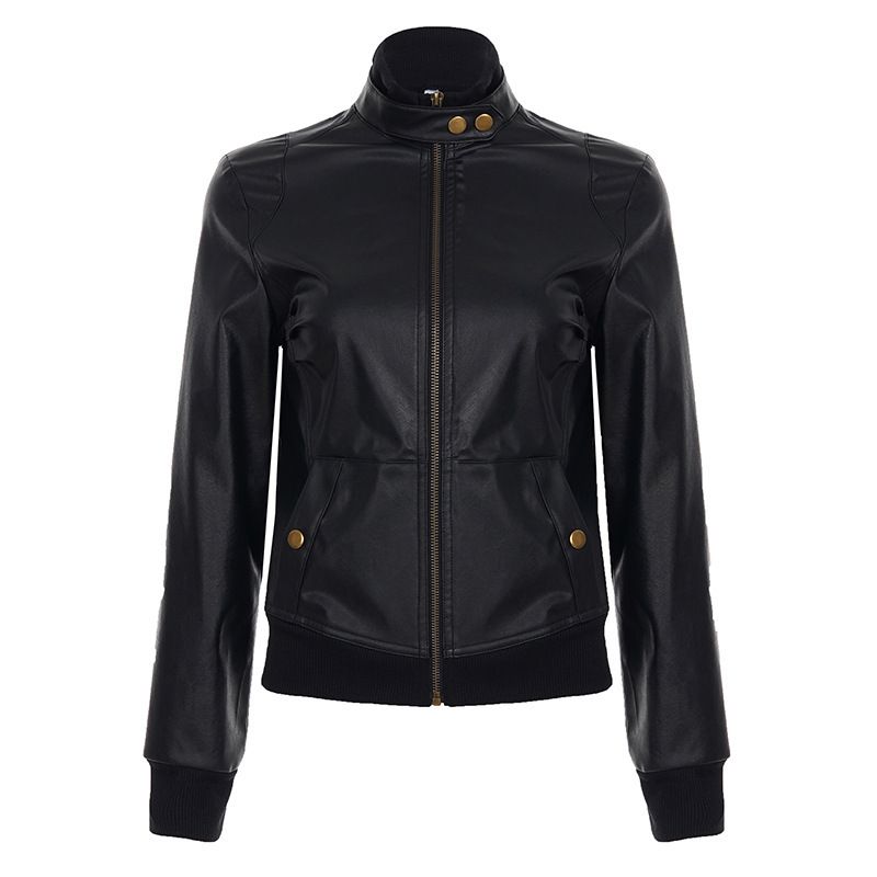 Veste courte en cuir PU style streetwear américain, cintrée à la taille, col montant, cardigan zippé décontracté pour fille tendance_voghion.com
