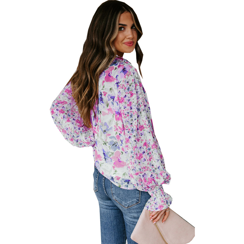 Damenbekleidung Chiffon Cardigan Frühling und Sommer Lose Blumenmuster Mode Laterne Ärmel Tops Frauen_voghion.com