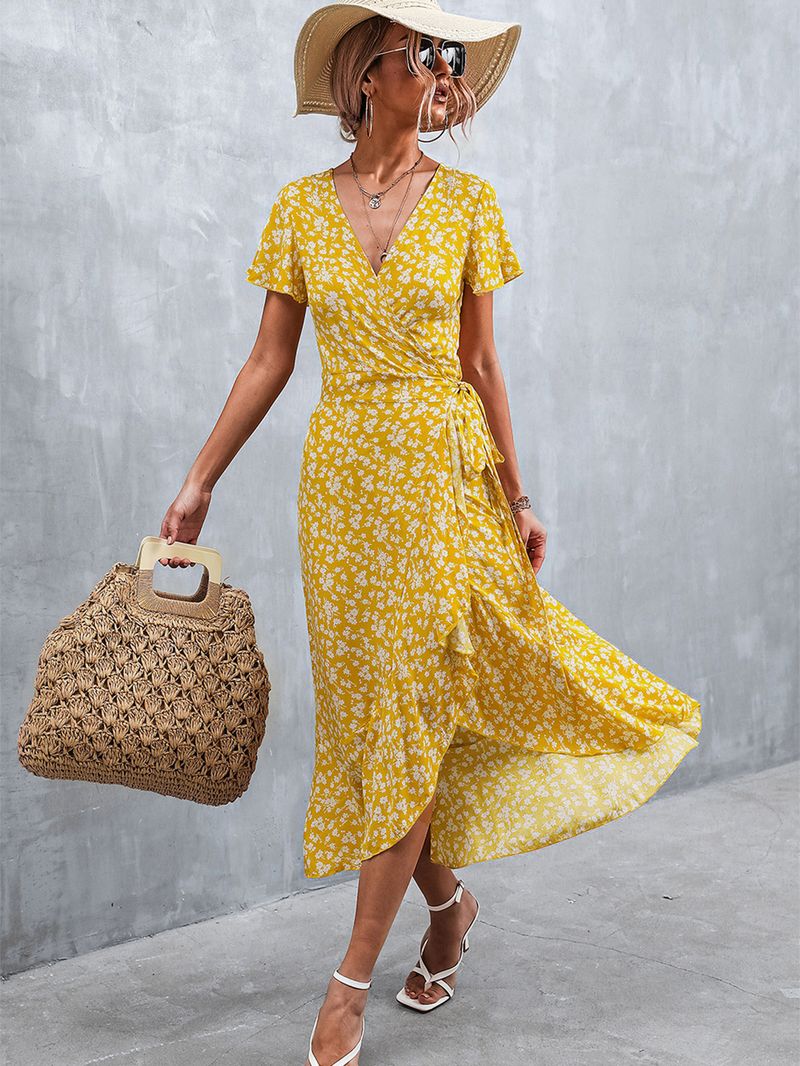 Frühling/Sommer 2022 Neues böhmisches, gekreuztes, geblümtes Kleid mit V-Ausschnitt und Schnürung_voghion.com