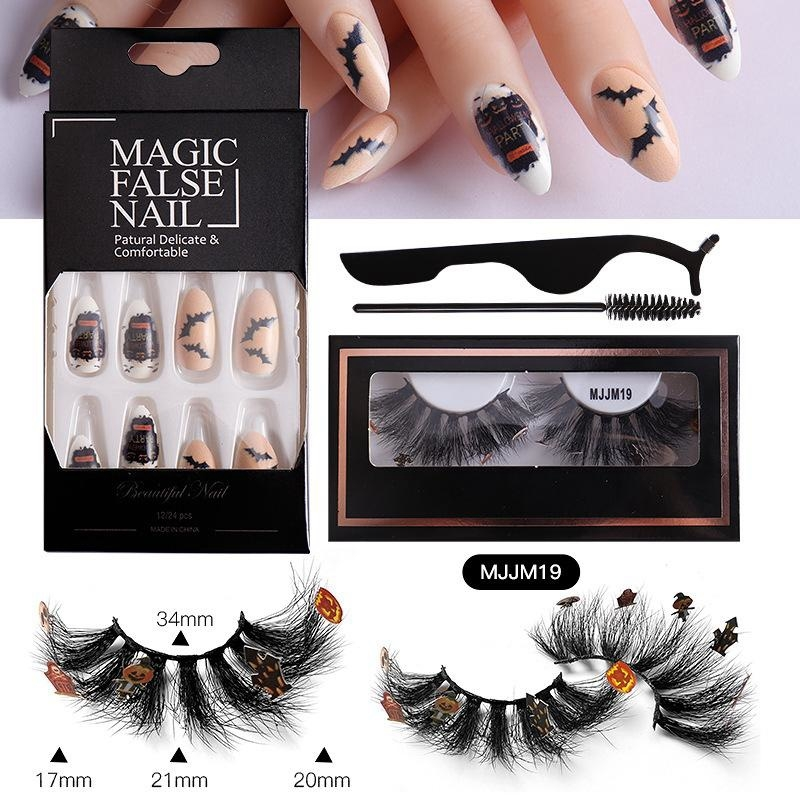 Halloween-Maniküre-Set für künstliche Wimpern mit Halloween-Nagelstücken, künstliche Nägel, Kürbis-Geist-Wimpern, unverzichtbar für Halloween-Partys_voghion.com