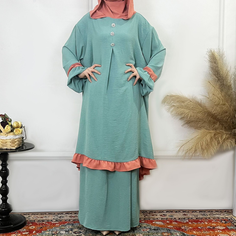 Women's Clothing Solid Color Ruffled Burkha Two Piece Set_voghion.com