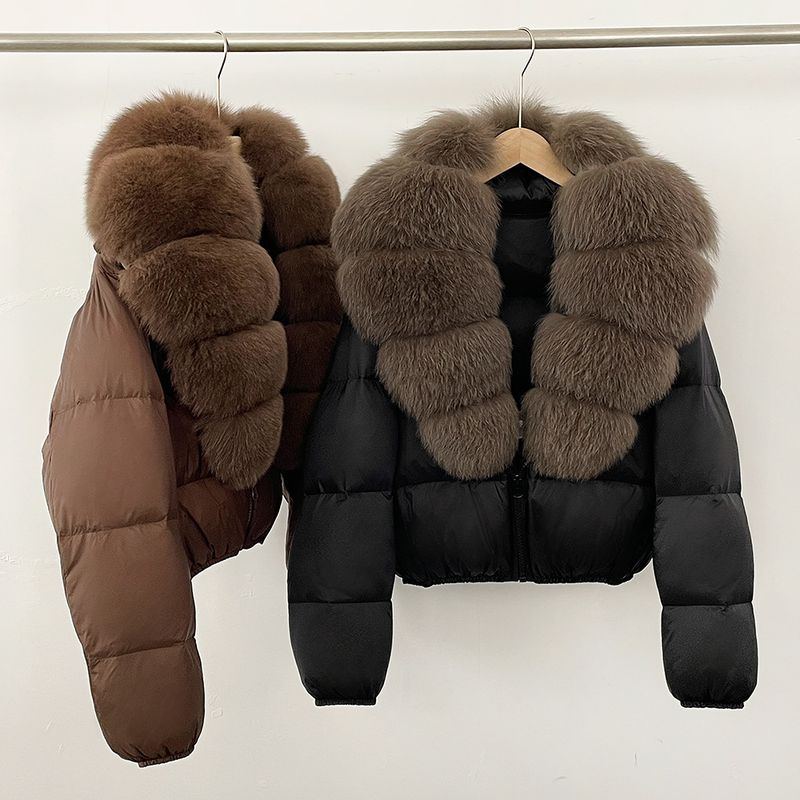 Women's Winter Down Jacket With Detachable Fox Fur Collar, Short Puffy Coat, 96% White Duck Down, Polyester Shell, Black & Beige, S/M_voghion.com