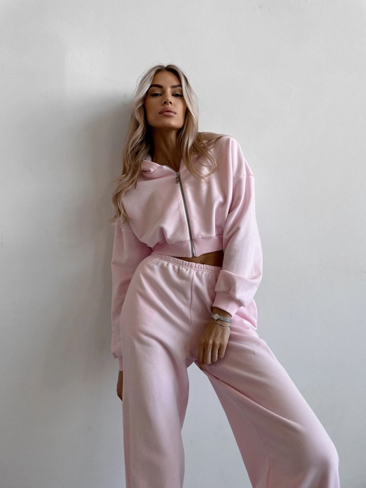 Women's Hooded Zip-Up Sweatshirt & Jogger Set (Breathable Poly-Cotton, Pink/Stone Grey/White, S/M/L/XL, Streetwear Essentials)_voghion.com