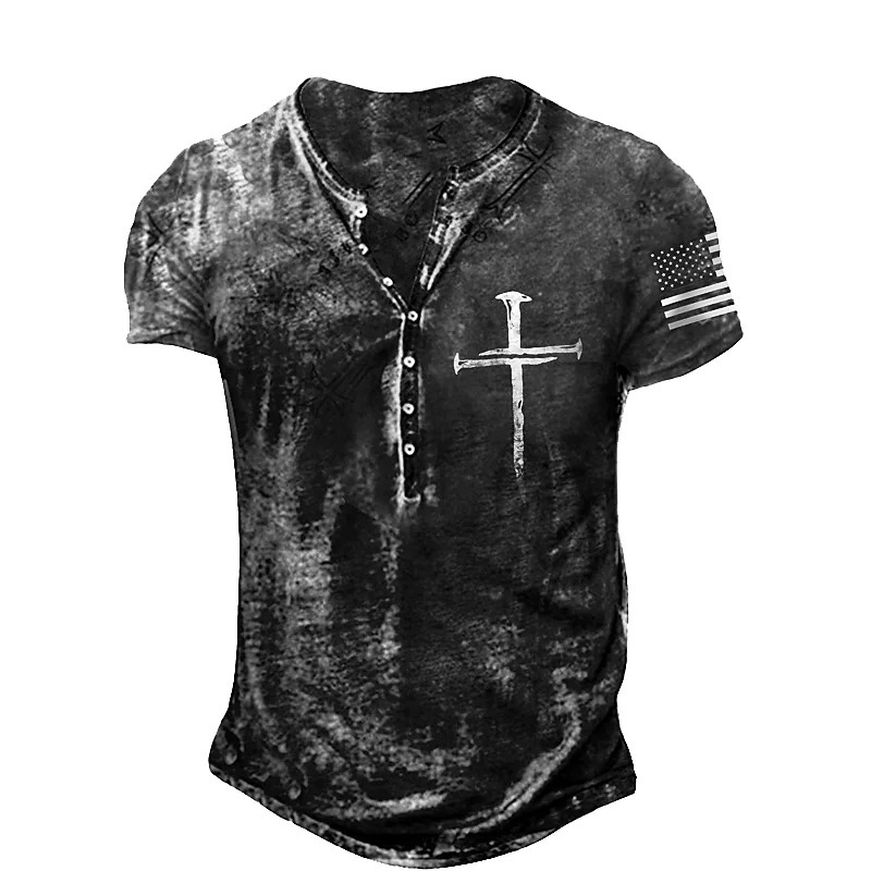 Unbeatable Quality Summer Men's Digital Printed Asian Cross Pattern Henry Shirt With 7 Button Slim Fit Short Sleeves_voghion.com