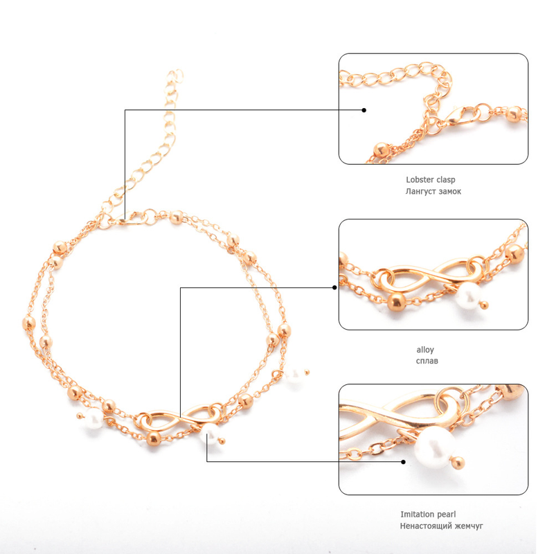 Moda duplo infinito simulado pérola pingente tornozeleira pé corrente verão pulseira charme 2 cores tornozeleiras pé jóias_voghion.com