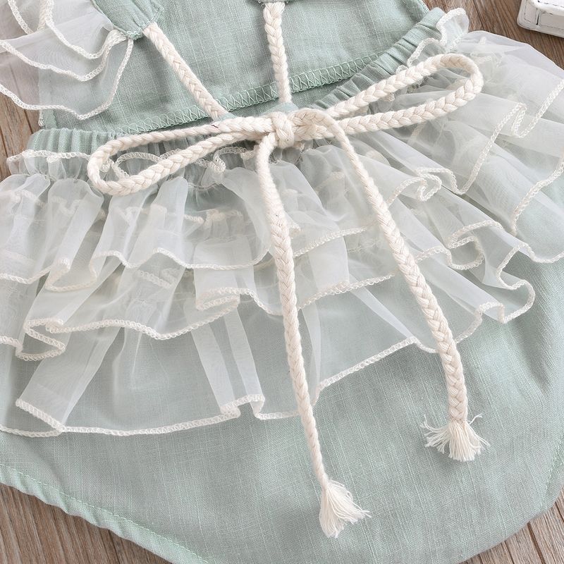 Barboteuse pour bébé fille, en dentelle délicate et perles, en coton respirant, sans manches (70-100 cm, rose/bleu clair)_voghion.com