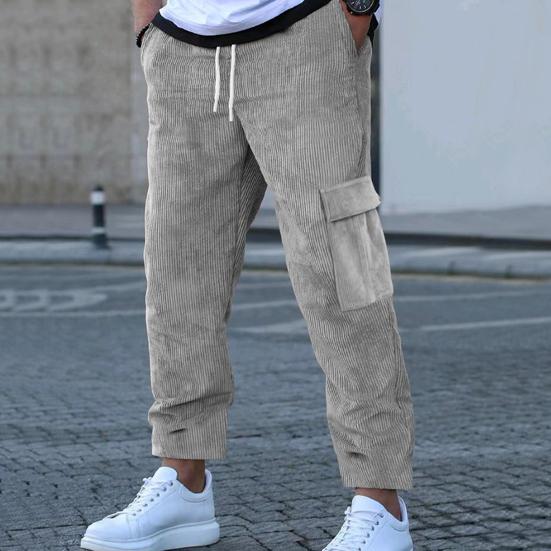 Cord Einfarbige Jogginghose Lose Gerade Multi-Pocket Herren Dünne Freizeithose Herbst Winter_voghion.com