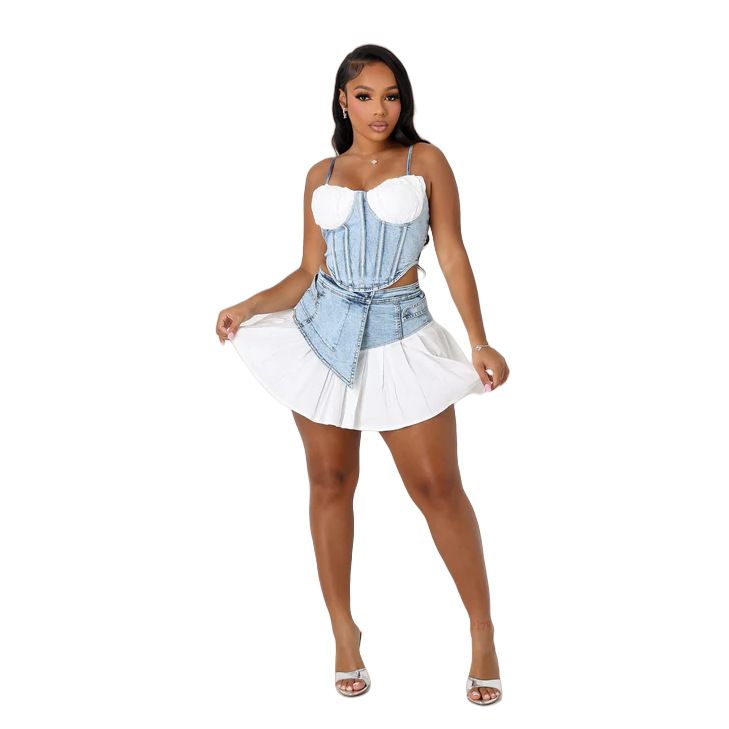 Damenbekleidung Neue Mode Sexy Hosenträger Satin Spleißen Denim Rock Anzug Zweiteiler_voghion.com