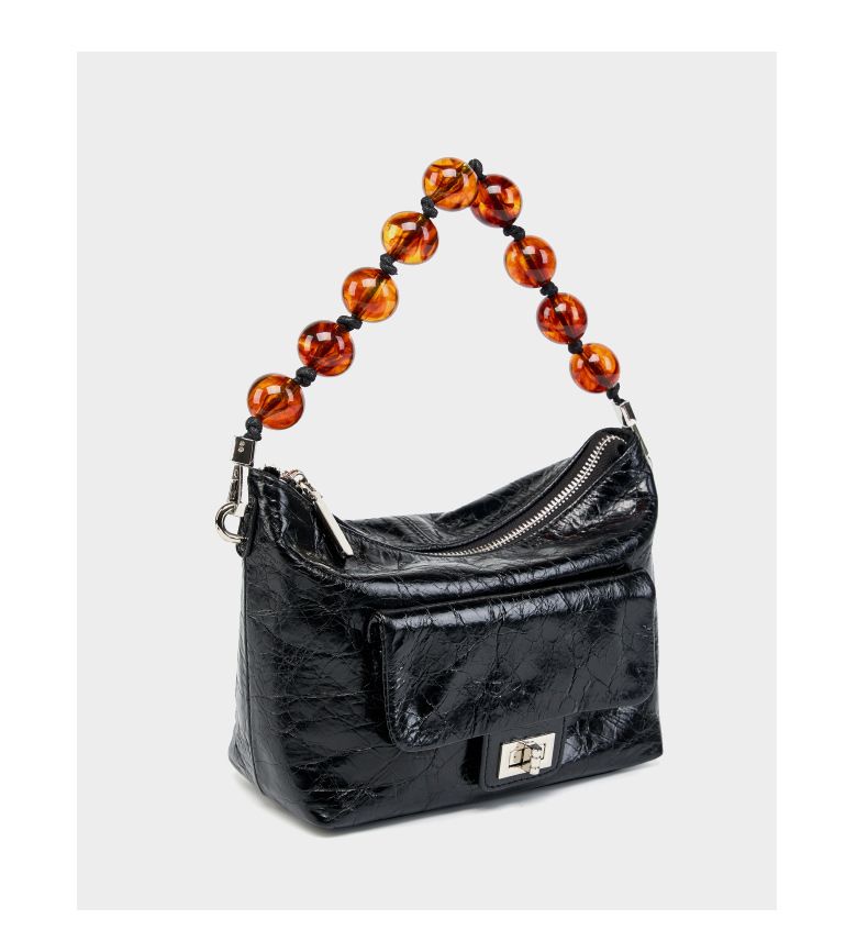 Borsa a tracolla e a spalla con catena di perline - Borsa a mano pieghevole in pelle cerata retrò (borsa tote alla moda da donna, design vintage stropicciato)_voghion.com