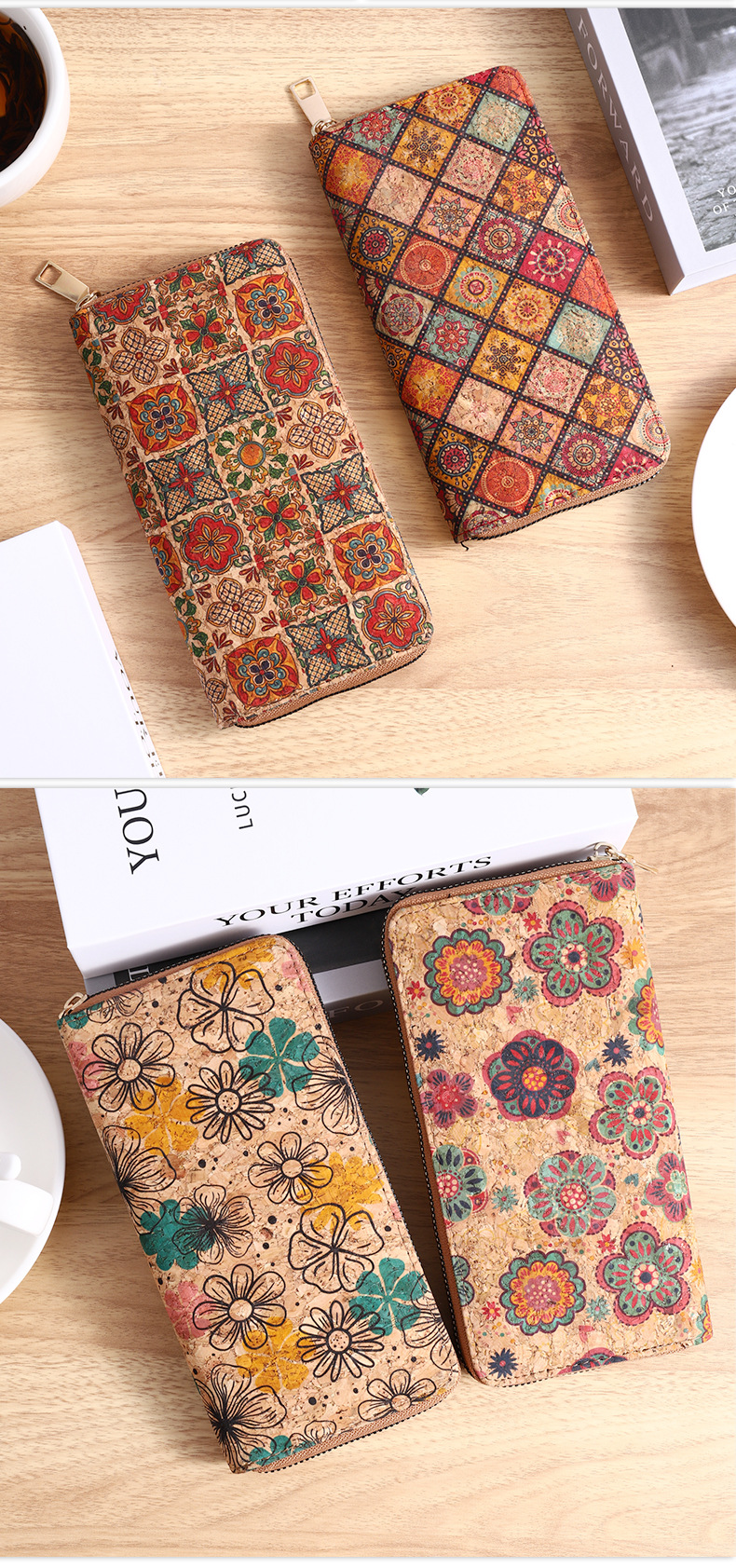 Portefeuille multifonctionnel bohème à plusieurs fentes, portefeuille en grain de bois, porte-cartes artistique pour femme, petit sac en PU_voghion.com