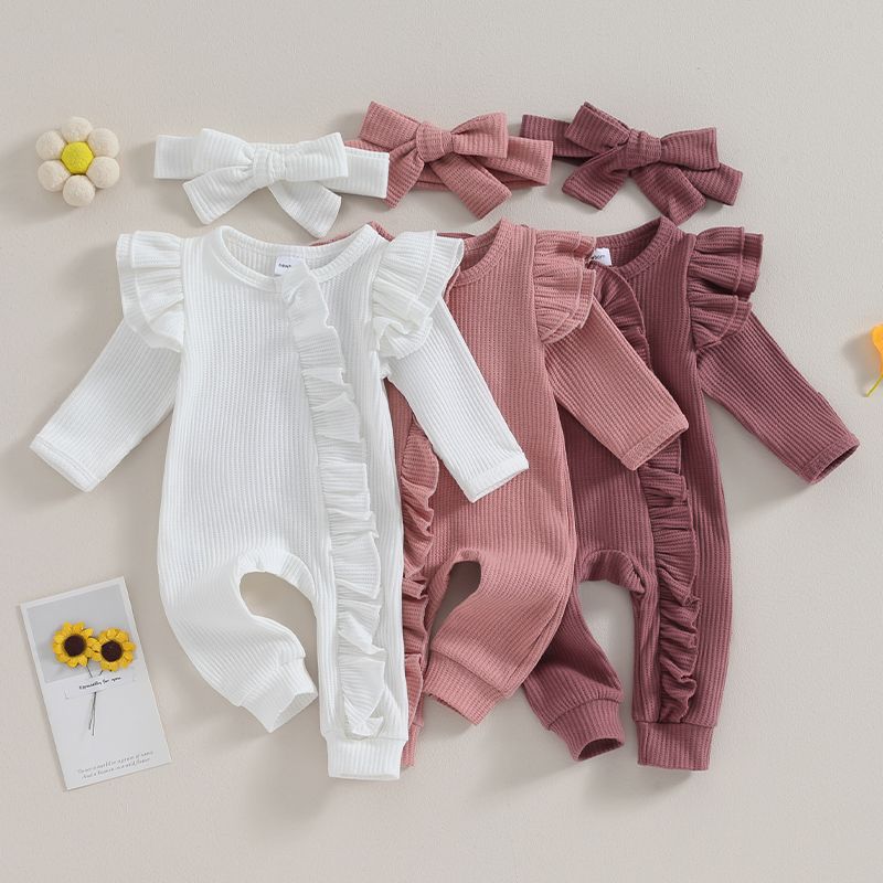 Pudcoco Infant Baby Girl Autumn Jumpsuit Solid Color Round Neck Flying Sleeve Ruffled Zipper Romper with Bow Headband 0-12M_voghion.com