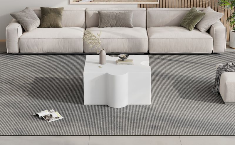Table basse unique blanche à motif puzzle (65 x 65 x 32 cm), table basse rembourrée en MDF, table basse de salon art abstrait pour une décoration d'intérieur moderne._voghion.com