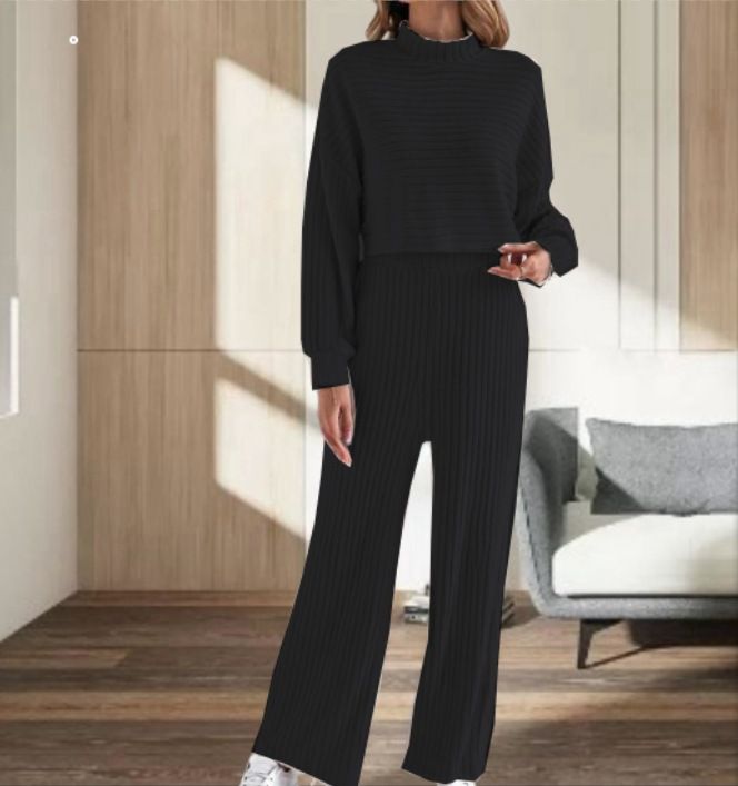 Abbigliamento da donna primavera e autunno tinta unita lavorato a maglia fine moda top corti con spalle scese maniche lunghe e pantaloni dritti tailleur_voghion.com