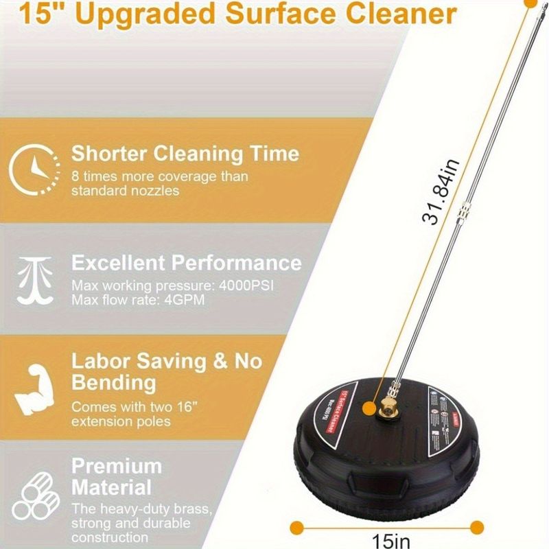 15-Inch Heavy Duty Surface Cleaner Kit For Pressure Washers - 4000 PSI Dual Nozzles With Extension Wand, Fast Stain Removal Tool For Driveways & Patios, High-Efficiency & Durable_voghion.com