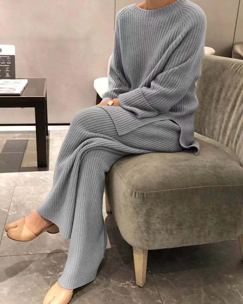 Kleidung langärmeliger, einfarbiger, gestrickter, lässiger, zweiteiliger Strickpullover_voghion.com