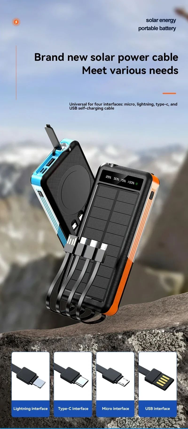 100000mAh Solar Bank Wireless Fast Charging Battery Large Capacity Mobile Power Dual USB 4 Cables For IPhone_voghion.com
