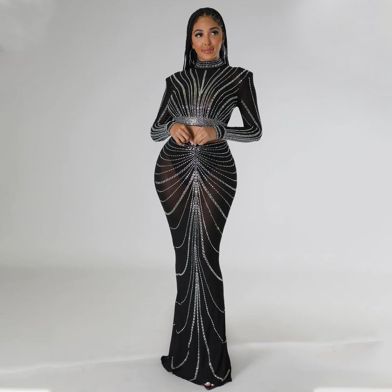 Abbigliamento da donna vestito con gonna a due pezzi sexy in maglia a maniche lunghe con diamanti caldi_voghion.com