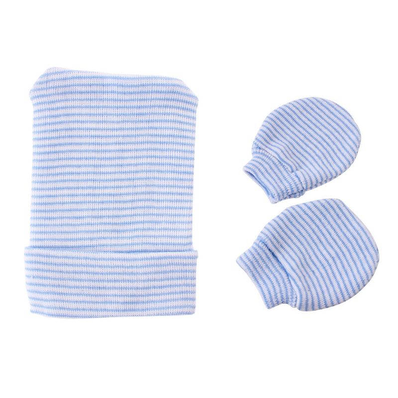 Baby clothing two-piece newborn single-layer striped hat and gloves_voghion.com