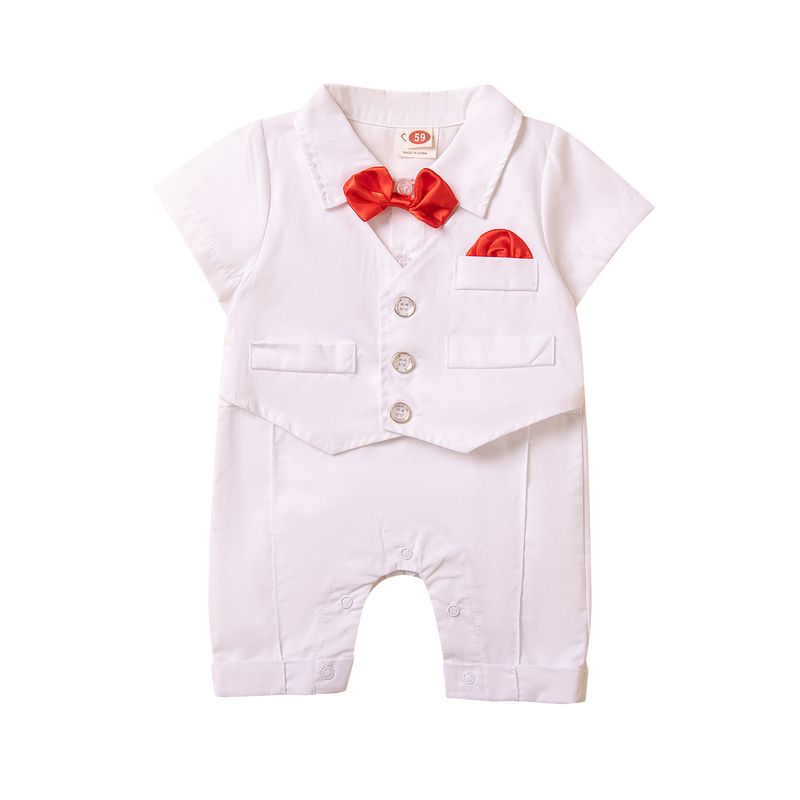 SAMGAMI BABY Ensemble trois pièces pour garçon, version coréenne, barboteuse à manches courtes, gilet et chapeau, blanc, nœud papillon, bretelles_voghion.com