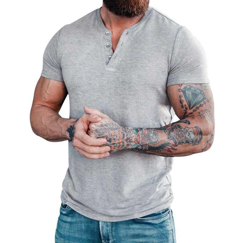 Unschlagbare Qualität 2025 Neue Sommer Casual Solid Color Kurzarm Rundhals Pullover Button Henley Shirt Herren T-Shirt_voghion.com