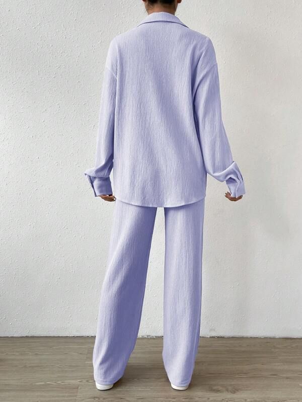Ensemble 2 pièces pour femme, cardigan à revers et pantalon ample, couleur unie, décontracté et tendance, collection automne-hiver_voghion.com