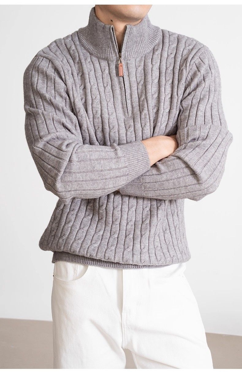 Maglione invernale da uomo in maglia a trecce, con mezza zip, spesso e casual, girocollo, da indossare tutti i giorni_voghion.com