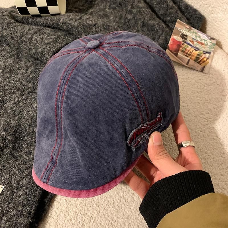 Berretto in denim lavato da donna, basco reversibile, versatile, con ampia circonferenza della testa, stile artistico._voghion.com