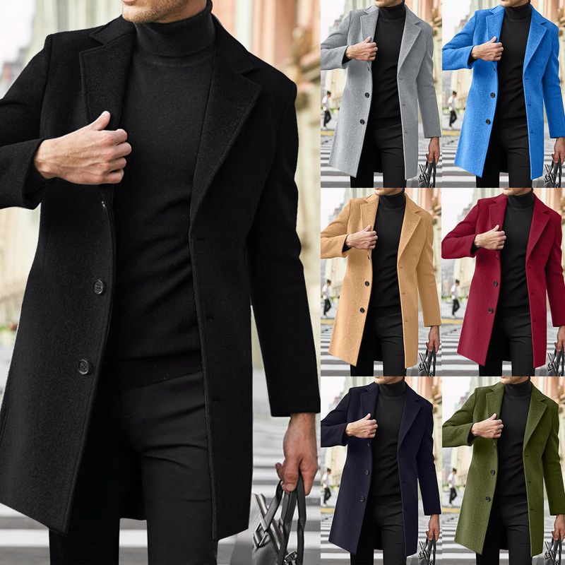 Abbigliamento maschile Cappotto lungo in lana da uomo in stile classico britannico - Trench invernale con tasche multiple (nero, cachi, marrone, grigio chiaro, rosso)_voghion.com