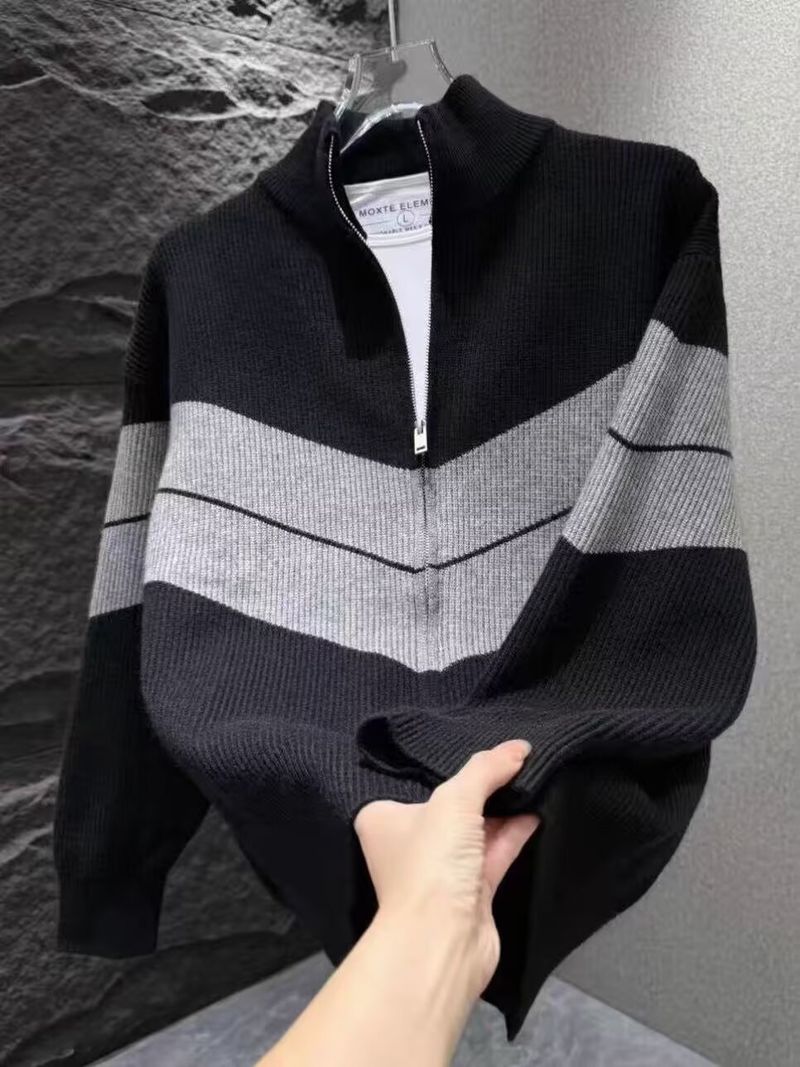 Übergroße Strickjacke für Herren – Pullover aus Wollmischung mit hohem Kragen und Farbblockierung (Grau/Schwarz, EU-Größe M-3XL)_voghion.com