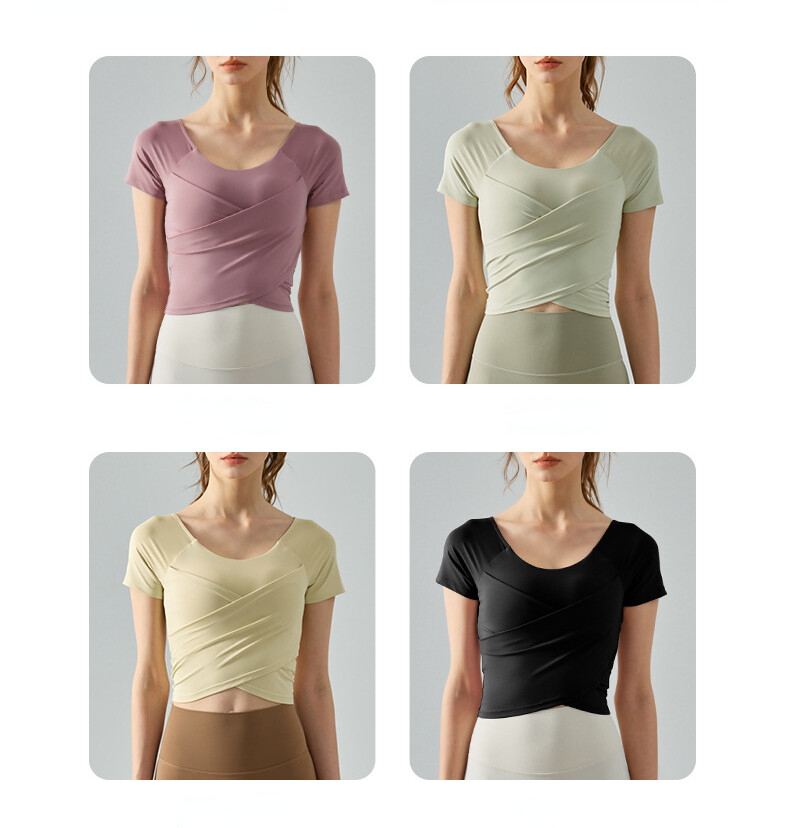 SUPERFLOWER Quick Dry Top Yoga and Fiess T-Shirt with Cross Fold and Chest Fixed Pad for Women_voghion.com