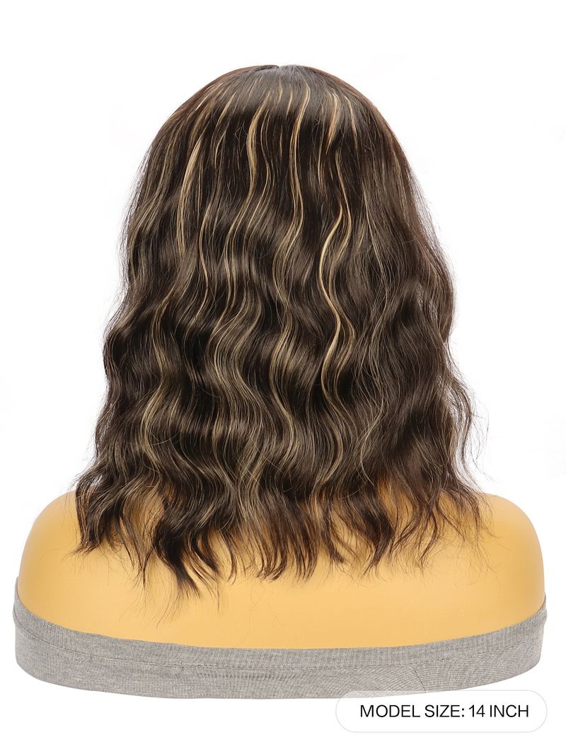 Peruki syntetyczne na klipsy Peruki z małą koronką Peruki syntetyczne Brązowe pasemka Fale wodne Krótkie kręcone włosy_voghion.com