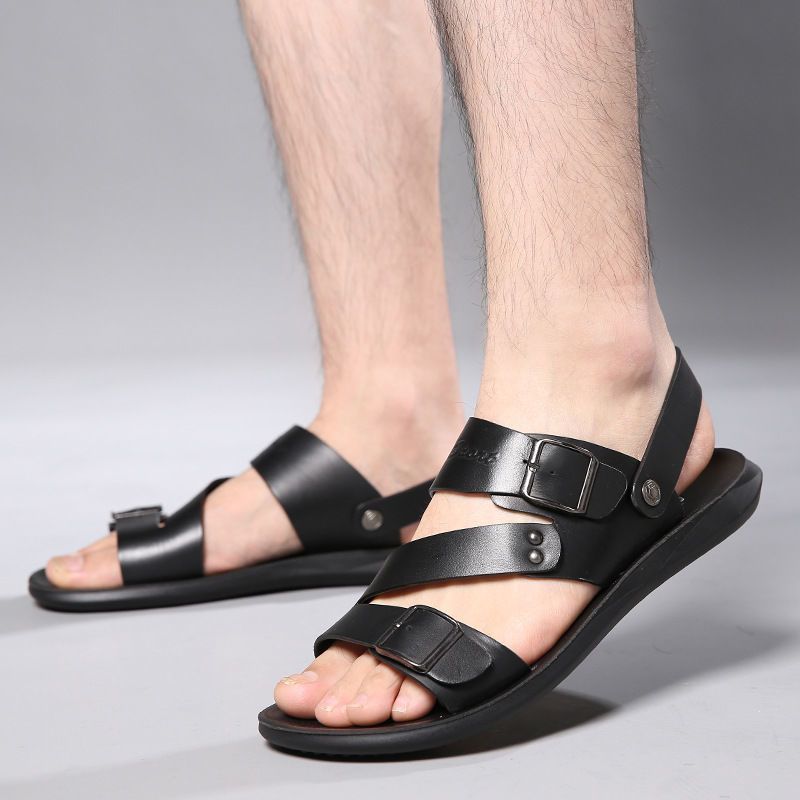 Fashion Comfortable Men's Sandals Solid Color Open Toe Mens Leather Sandals 2023 New Slippers Beach For Male Leather Footwear_voghion.com