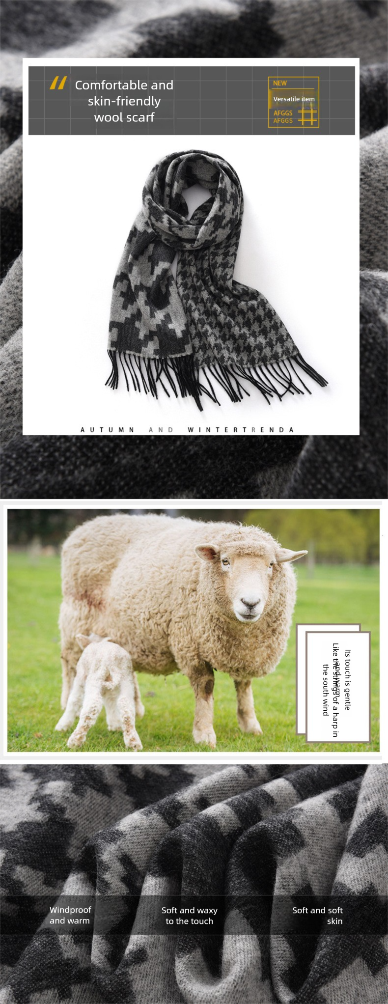 Autumn Winter Korean Style Wool Houndstooth For Women 2024 New Plaid Shawl With Tassels Thickened Warm Neck Scarf_voghion.com