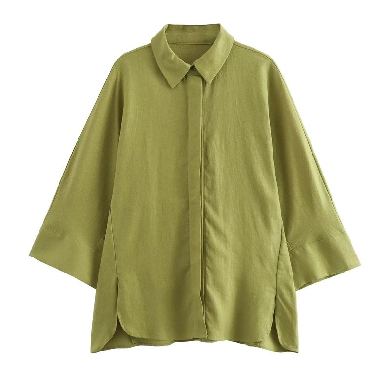 Moda 2024 Primavera Nuova Camicia Casual Sottile e Larga in Lino Elasticizzato, Pantaloni Lunghi Dritti, Completo da Donna_voghion.com