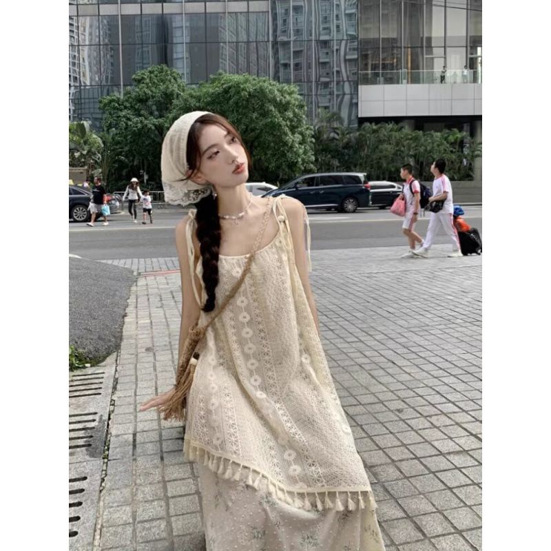 Zweiteiliger Träger im Urlaubsstil für Frauen im Sommer, eleganter Feendruck, Quaste, unregelmäßiger Strand, langes Kleid_voghion.com