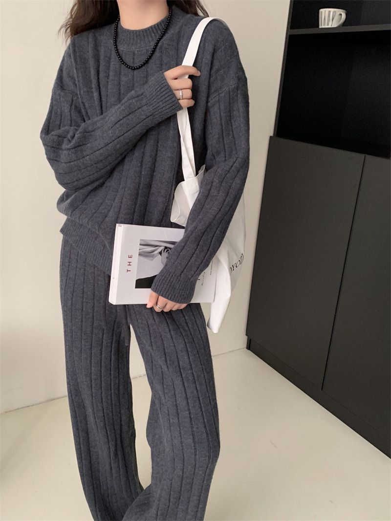 Plus Size Knit Sweater & Wide Leg Pants Set - Soft Ribbed Pullover & Flowy Lounge Trousers, Oversized Comfort Outfit For Women_voghion.com