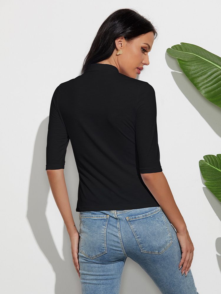 Damen Bambus Joint Baumwolle Einfarbig Schlank Top Fliege Mittelärmel Temperament Damen T-Shirt_voghion.com
