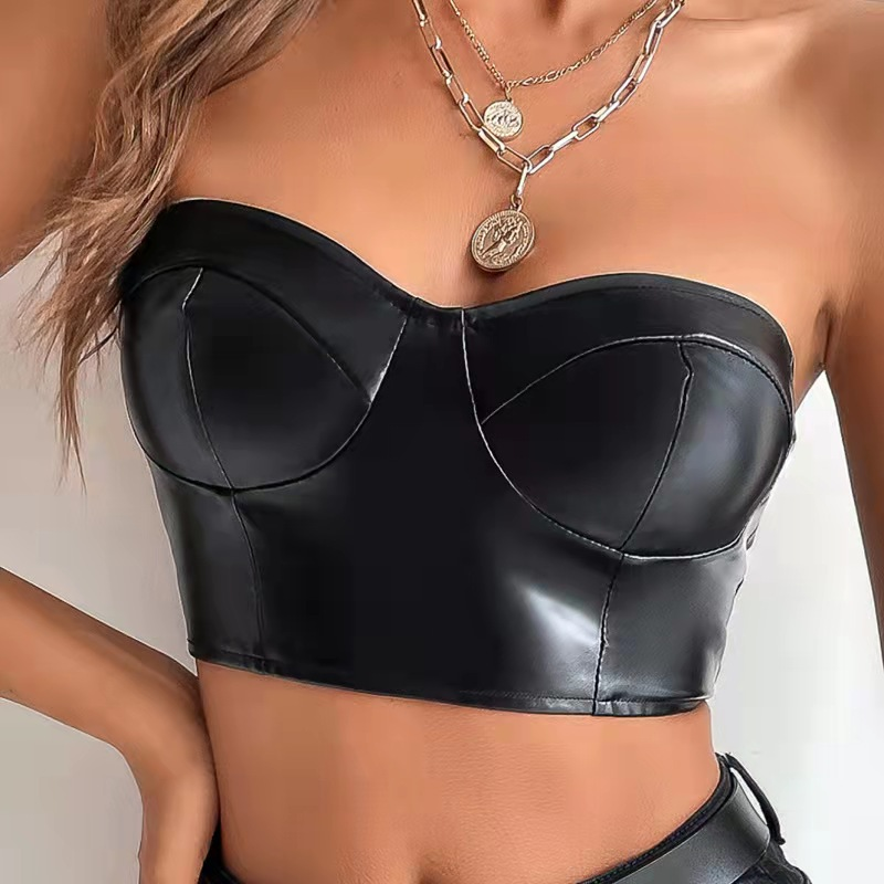 Neues einfarbiges, glänzendes Leder-Tube-Top, kurze, kurze Weste für Damen_voghion.com