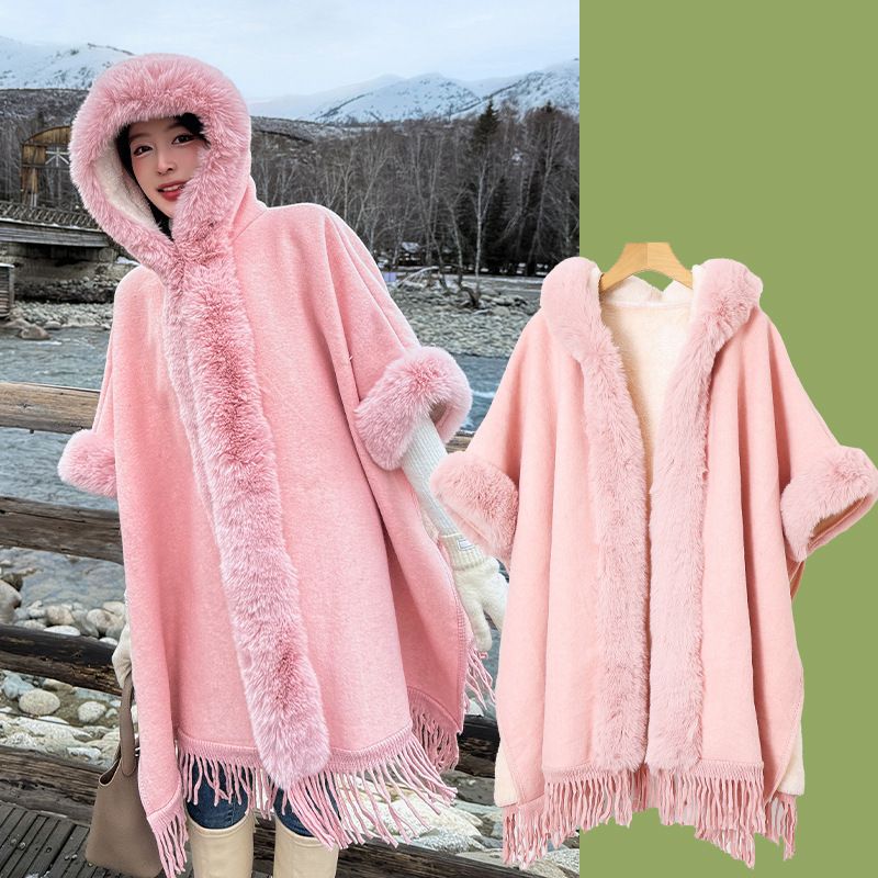 Mantella calda ispessita in tinta unita autunno/inverno 2025, fodera in spugna, ampio collo in pelliccia, con cappuccio_voghion.com