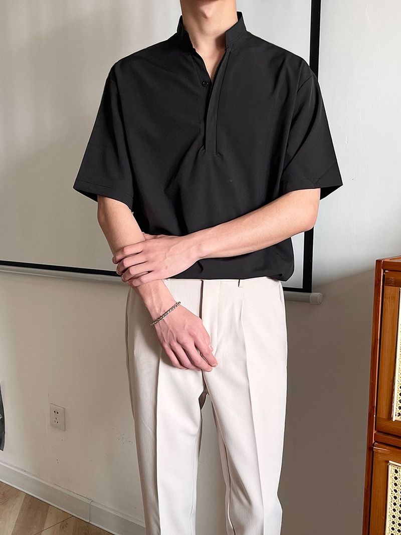 Polo da uomo con colletto alto di alta qualità - Maglia casual a maniche corte in seta ghiacciata leggera_voghion.com