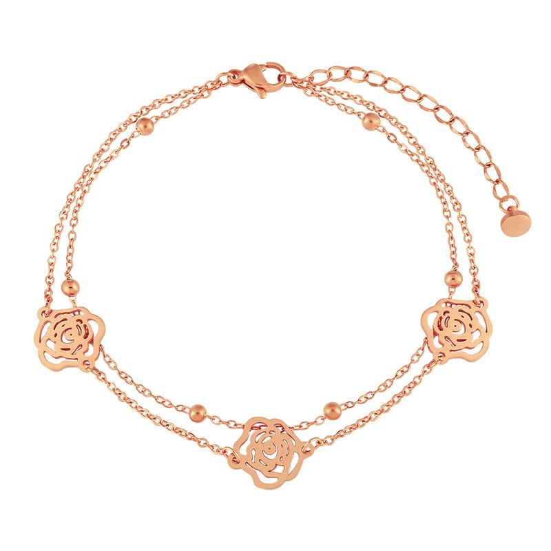 Cavigliera in stile coreano, semplice ed elegante, con perline a doppio strato in acciaio inossidabile, con fiore di rosa, alla moda, in titanio e acciaio, per i gioielli dei piedi._voghion.com