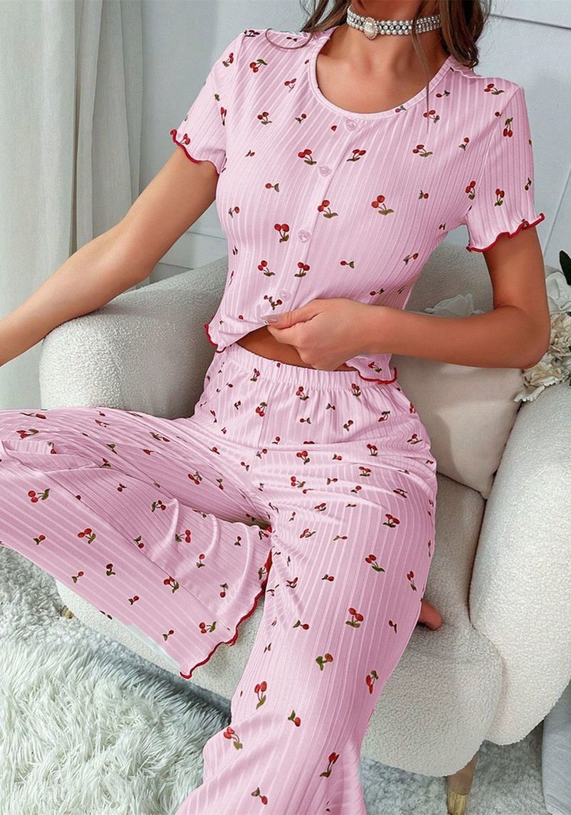 Pajamas Short-sleeved Trousers Set Women's Loungewear,Cherry Pattern Fungus Edge Front Button_voghion.com