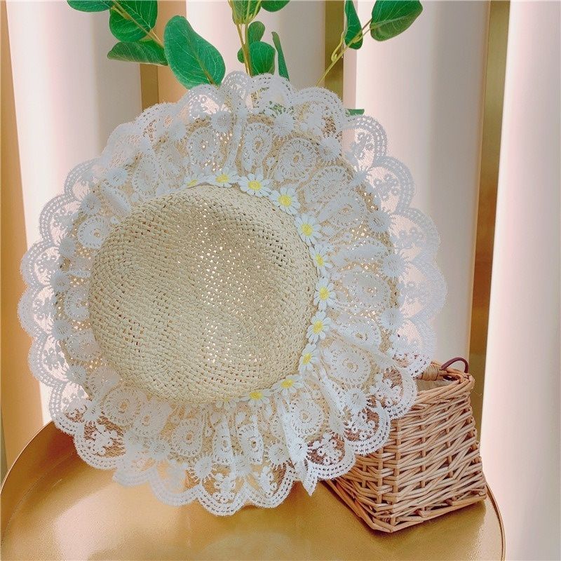 Chapeau de paille de plage pour enfants, mode, été, princesse, dentelle, protection solaire_voghion.com